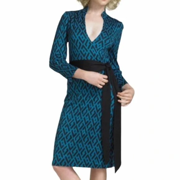 Diane von Furstenberg DVF "Tessa" Teal Geometric Silk Jersey Wrap Dress sz 2 S - Picture 1 of 8